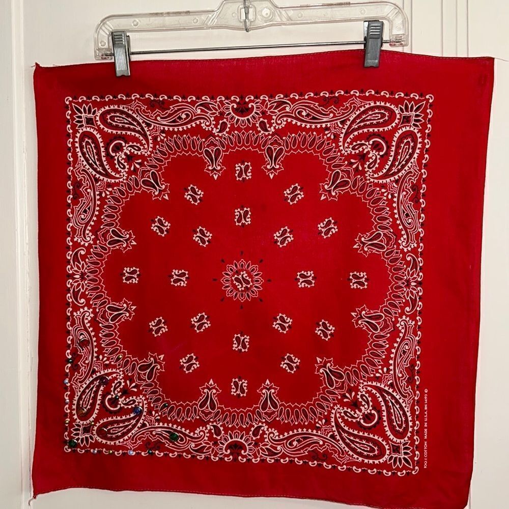 Vtg red & white paisley cotton paisley bandanna with multi colored studs & beads